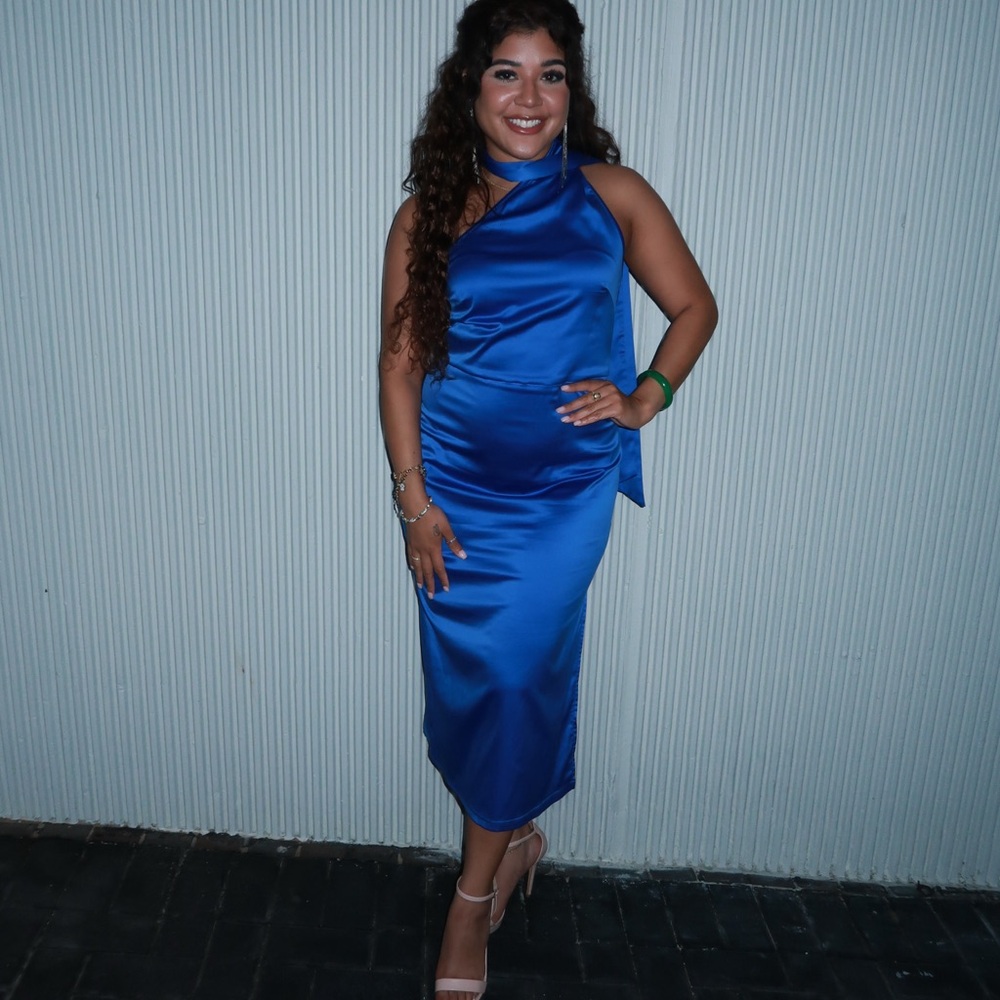 Elegant Blue Satin Halter Dress
